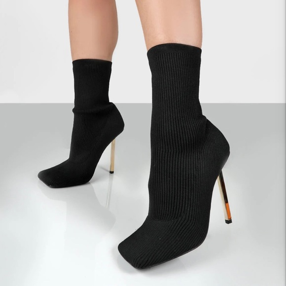 Black & Gold Square Toe Sock High Heel Booties - Picture 4 of 4